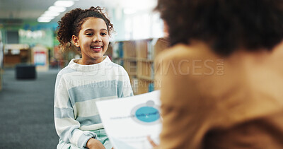 Buy stock photo Discussion, library and child with school counsellor for future, development or assessment. Paperwork, education and therapist with girl kid student for behavior analysis at campus for growth.