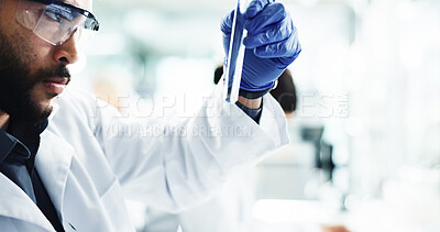 Buy stock photo Man, scientist and hands with sample for medical research, chemical exam or DNA tests at laboratory. Closeup, male person or doctor with vial for clinic trial, healthcare discovery or new medicine