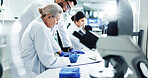 People, scientist and writing notes in lab for checklist, results report and medical discovery of vaccine. Team, researcher and information of dna research, experiment update and healthcare solution 