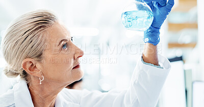 Buy stock photo Chemical, woman and scientist with beaker in laboratory for medical vaccine development or study. Liquid, glass and mature female chemist working on pharmaceutical research, discovery or project.