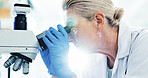 Woman, scientist and discovery with microscope for forensic research, medical exam or tests at laboratory. Female person, doctor or science with bio technology for health analysis, cure or DNA at lab