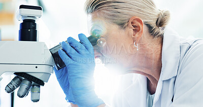 Buy stock photo Woman, scientist and discovery with microscope for forensic research, medical exam or tests at laboratory. Female person, doctor or science with bio technology for health analysis, cure or DNA at lab