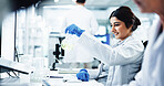 Happy woman, scientist or beaker with chemical compound for biology or scientific research at lab. Female person, biologist or smile with plant organism for organic cure, clinic trial or new medicine
