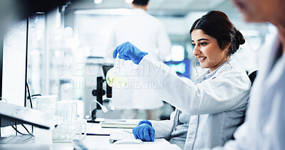 Buy stock photo Happy woman, scientist or beaker with chemical compound for biology or medical research at lab. Female person, biologist or smile with plant organism for organic cure, clinic trial or new medicine
