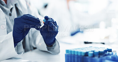 Buy stock photo Scientist, hands and gloves with blood sample or label for DNA test, exam or medical discovery at laboratory. Closeup, person or research with vitals for clinic results, analysis or cure at lab