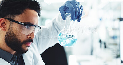 Buy stock photo Chemical, man and scientist with beaker in laboratory for medical vaccine development or study. Liquid, glass and male chemist working on pharmaceutical research, project or observation for science.