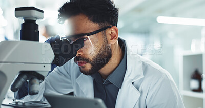 Buy stock photo DNA, man and scientist with microscope in laboratory for research with medical innovation. Biotechnology, professional and male biologist with RNA for pharmaceutical study or discovery in healthcare.