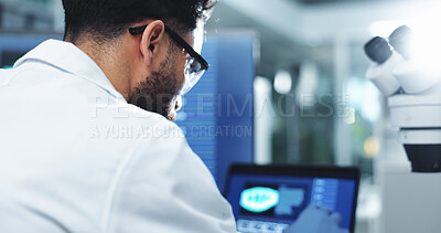 Buy stock photo Man, scientist and laptop with forensic research for scientific discovery or new medicine at lab. Male person, science and clinic trial with technology for medical test, exam or results at laboratory