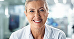 Science, mature and portrait with woman in laboratory for forensic analysis, dna research or medical evidence. Investigation, innovation and healthcare with person in clinic for tox screen test