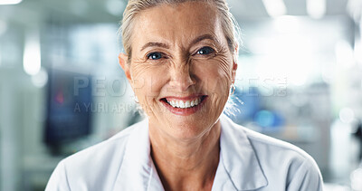 Buy stock photo Science, mature and portrait with woman in laboratory for forensic analysis, dna research or medical evidence. Investigation, innovation and healthcare with person in clinic for tox screen test