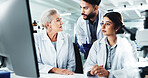 People, scientist and lab with team for forensic, healthcare or medical discovery together. Group, discussion or health workers with technology for health tests, exam or clinic trial at laboratory