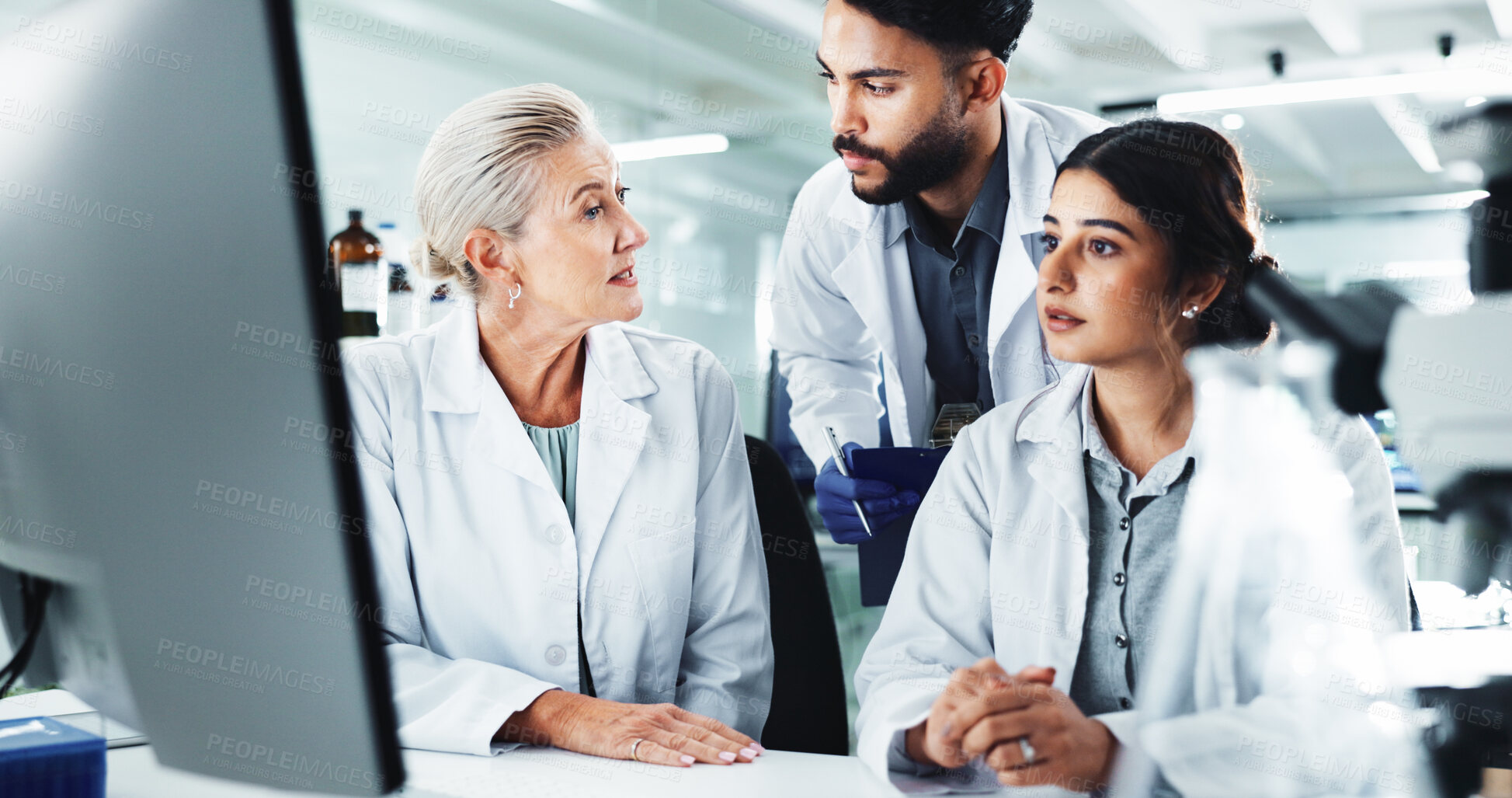 Buy stock photo People, scientist or lab with team for forensic, healthcare or medical discovery together. Group, discussion or health workers with technology or research for test, exam or clinic trial at laboratory