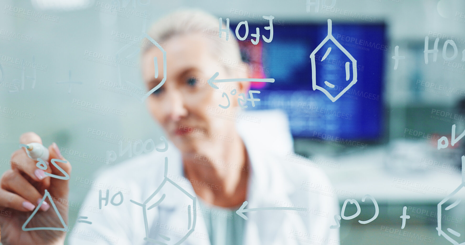 Buy stock photo Woman, writing or scientist with glass board for equation, problem solving or drug trial at lab. Female person, doctor or analysis with chemical formulation for molecule statistic or medical research