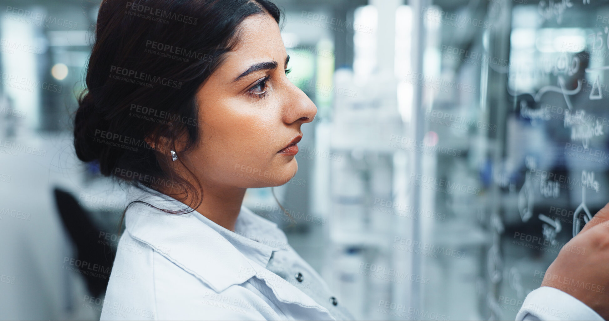 Buy stock photo Glass wall, science and writing with woman in laboratory for equation, formula or solution. Healthcare, innovation and medical with person at work on clinical trial for pharmaceutical research