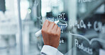 Scientist, hands and writing with glass board for equation, problem solving or temperature at lab. Closeup, person or brainstorming with analysis for chemical formulation or molecule development