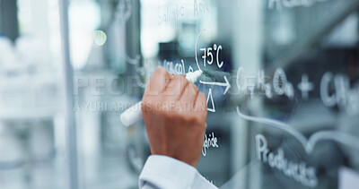 Buy stock photo Scientist, hands and writing with glass board for equation, medical research or temperature at lab. Closeup, person or brainstorming with analysis for chemical formulation or molecule development