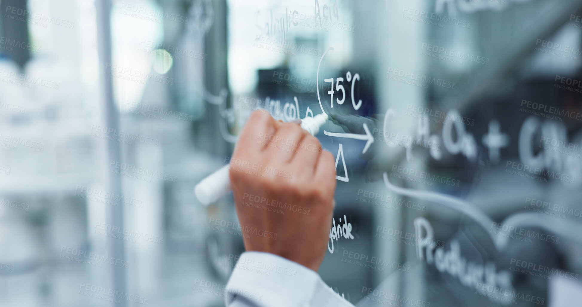 Buy stock photo Scientist, hands and writing with glass board for equation, medical research or temperature at lab. Closeup, person or brainstorming with analysis for chemical formulation or molecule development