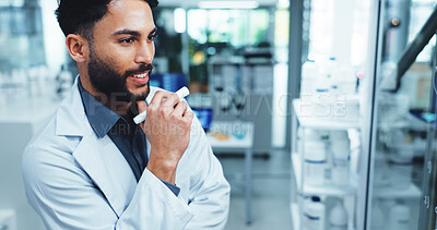 Buy stock photo Happy man, scientist and thinking with glass board for clinic results or science development at lab. Male person, smile or research with solution or brainstorming for new medicine trial at laboratory