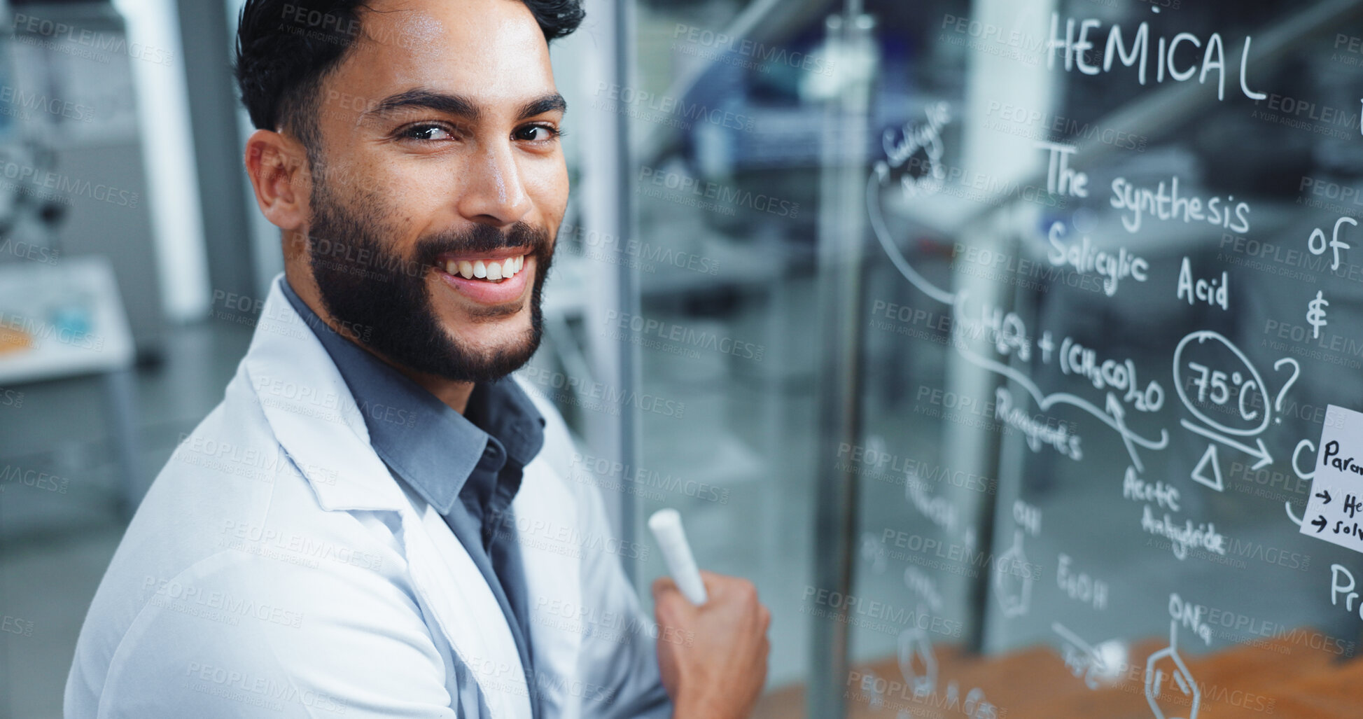 Buy stock photo Happy man, portrait and scientist with equation on glass board for problem solving at laboratory. Male person, smile or research with brainstorming for chemical formulation or molecule development