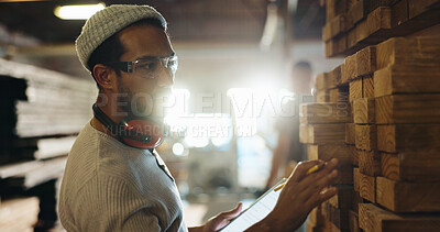 Buy stock photo Carpenter, tablet or wood inspection in warehouse for inventory management, timber count or online order. Quality control, man or digital checklist for material evaluation, safety compliance or flare