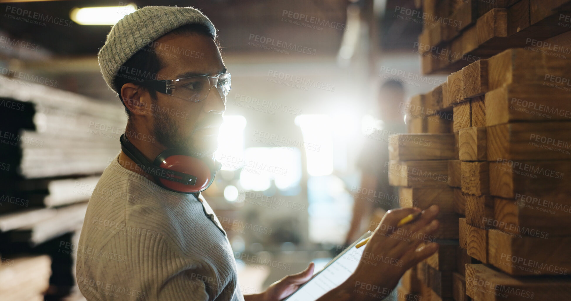 Buy stock photo Carpenter, tablet or wood inspection in warehouse for inventory management, timber count or online order. Quality control, man or digital checklist for material evaluation, safety compliance or flare