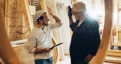 Buy stock photo Collaboration, high five and tablet with carpenter men in workshop for manufacturing or production. Carpentry, success and teamwork with woodworking people in factory together for celebration