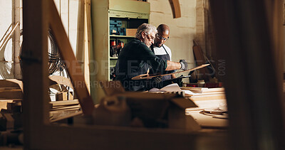 Buy stock photo Carpenter, men and teamwork for manufacturing, furniture and helping intern with wood work and material. Warehouse, mature mentor and trainee with skills for craftsmanship, people and productivity