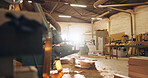 Machine, wood and carpentry in empty workshop for furniture manufacturing, renovation and labor. Materials, plank and crafting production for woodwork, remodeling maintenance and restoration industry