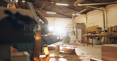 Buy stock photo Machine, wood and carpentry in empty workshop for furniture manufacturing, renovation and labor. Materials, plank and crafting production for woodwork, remodeling maintenance and restoration industry