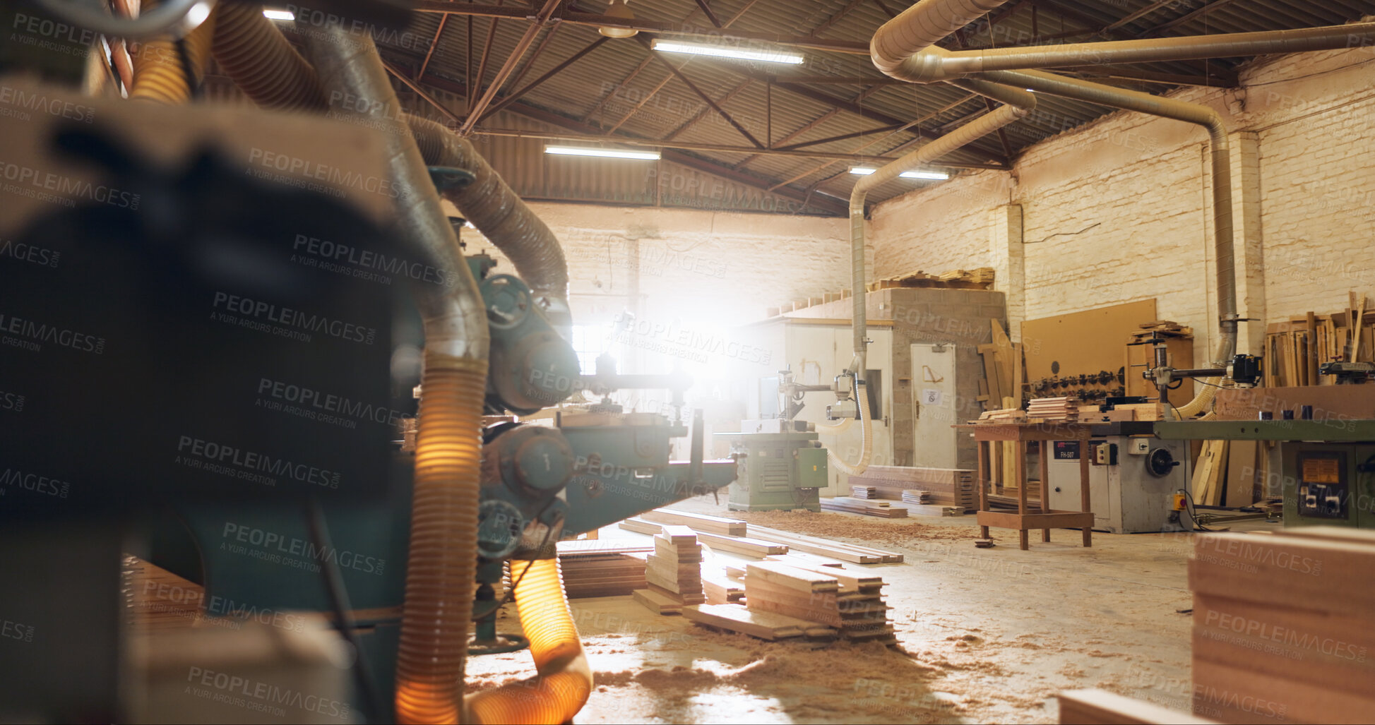 Buy stock photo Machine, wood and carpentry in empty workshop for furniture manufacturing, renovation and labor. Materials, plank and crafting production for woodwork, remodeling maintenance and restoration industry