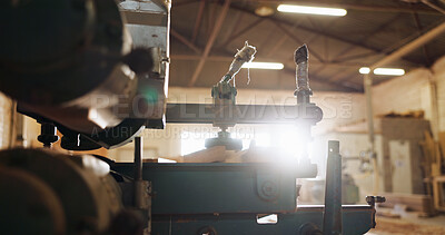 Buy stock photo Woodwork, machine and carpentry in empty workshop of wood shaping, custom design and furniture labor. Lathe equipment, tools and manual safety, craft production and remodeling maintenance in industry