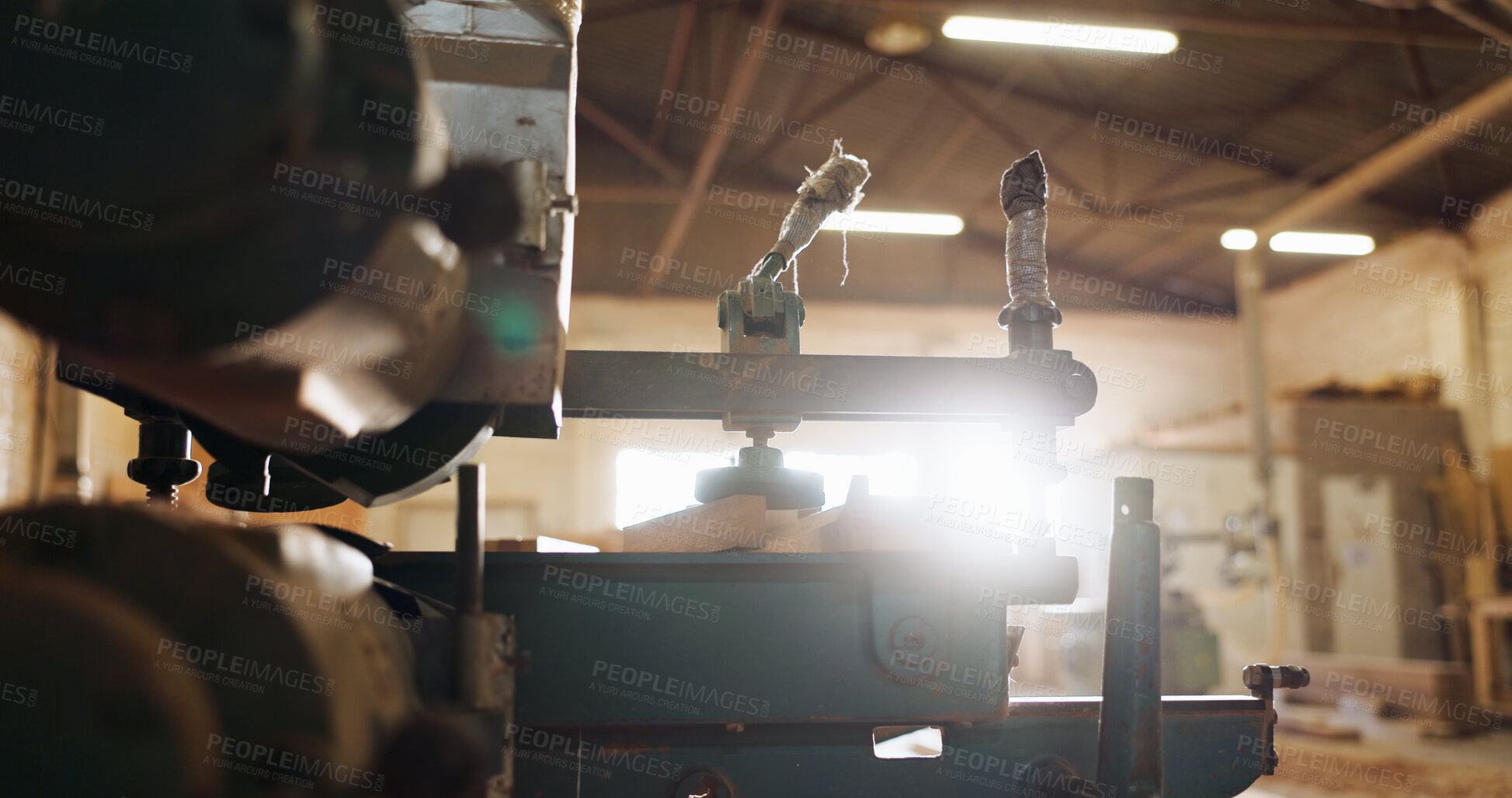 Buy stock photo Woodwork, machine and carpentry in empty workshop of wood shaping, custom design and furniture labor. Lathe equipment, tools and manual safety, craft production and remodeling maintenance in industry