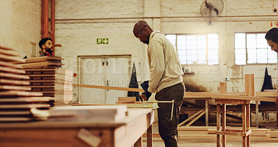 Buy stock photo Workshop, manufacturing and people with tools, woodworking and carpenter with material in business. Construction, team and colleagues with plank for furniture, craftsmanship and glasses for safety
