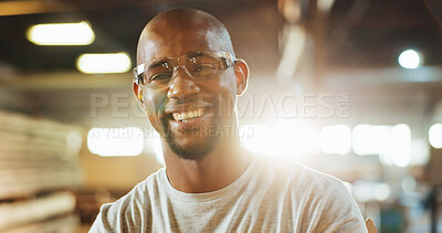 Buy stock photo Workshop, black man and happy in portrait for carpenter, wood manufacturing and production business. Confidence, contractor and male person with glasses for safety, maintenance and plank renovation