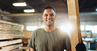 Buy stock photo Workshop, man and portrait with smile for carpenter, wood manufacturing and production business. Warehouse, male person and contractor with happiness for professional service, maintenance and craft