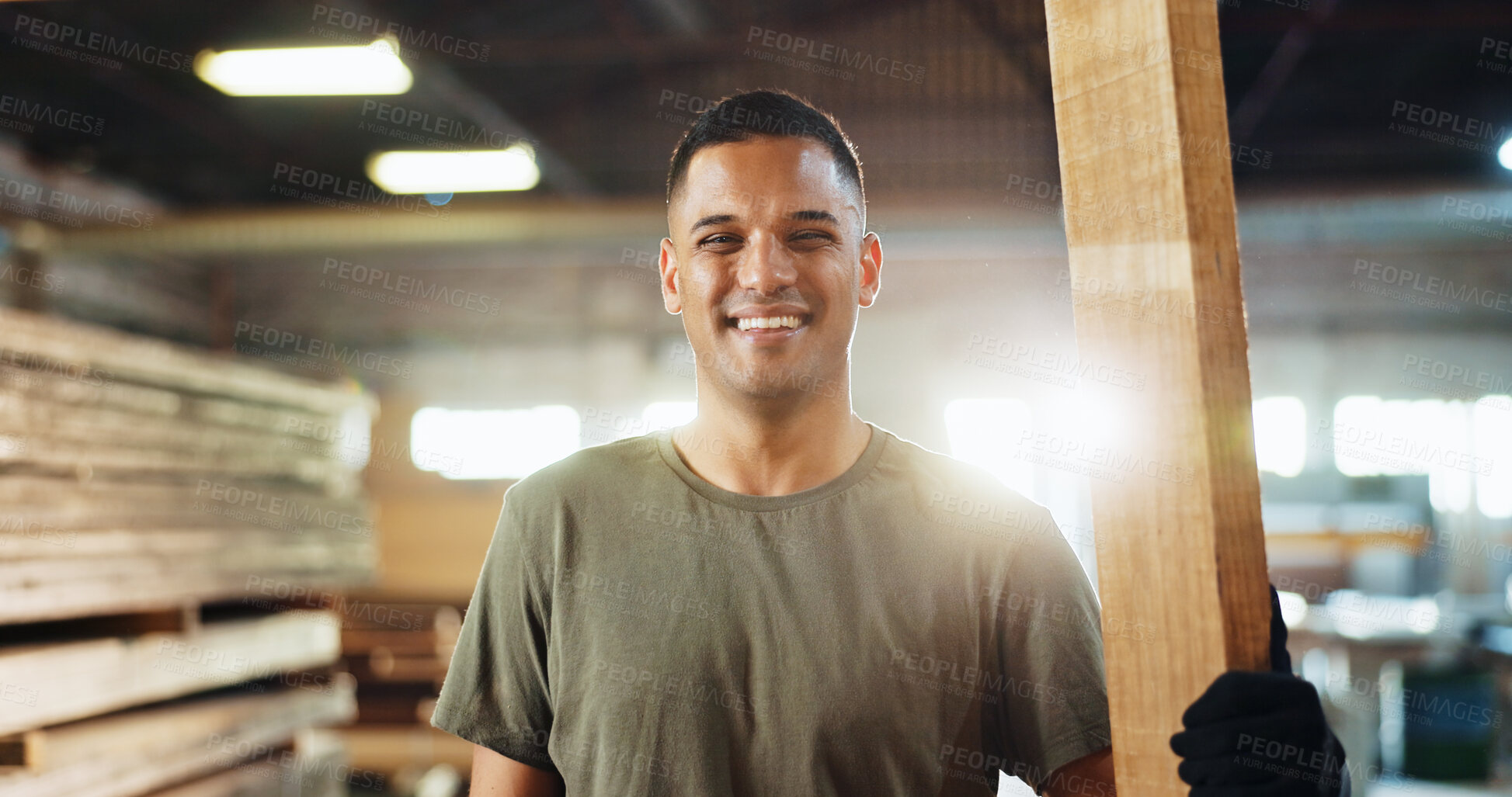 Buy stock photo Workshop, man and portrait with smile for carpenter, wood manufacturing and production business. Warehouse, male person and contractor with happiness for professional service, maintenance and craft