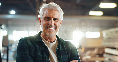 Buy stock photo Carpenter, happy man and mature in portrait in workshop, wood manufacturing and production business. Warehouse, male person and contractor with smile for professional service, maintenance and craft