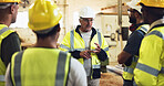 Meeting, contractor and construction team on site for planning with building, maintenance or repair. Discussion, engineering and industry workers with foreman for property development with renovation