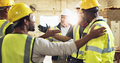 Buy stock photo Group, people and meeting with handshake for construction agreement, maintenance success and teamwork. Foreman, high five and partnership for project support, celebration and renovation collaboration