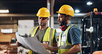Buy stock photo Men, carpenter and blueprint at factory, discussion and review material order for construction project. People, team and paperwork for floor plan, design and supplier for wood at industrial warehouse