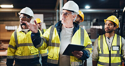 Buy stock photo Tablet, people or manager in carpentry warehouse for furniture manufacturing, renovation or labor. Mentor, apprentice or mature carpenter talking for production, remodeling maintenance and research