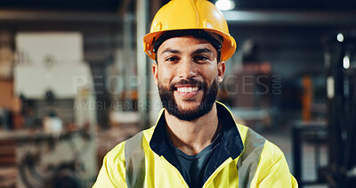 Buy stock photo Engineer, man and happy with helmet at factory for manufacturing, industry and pride for career at workshop. Person, portrait or technician with ppe, smile and excited at production plant in Colombia