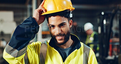 Buy stock photo Engineer, happy and portrait with helmet at factory for manufacturing, industry and pride for career at workshop. Person, artisan or technician with ppe, smile and excited for job at production plant