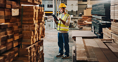 Buy stock photo Tablet, stock or man in woodwork workshop for furniture manufacturing, renovation or quality control. Check, builder or carpenter with inspection with timber, remodeling maintenance or research