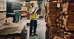 Tablet, inventory or man in woodwork workshop for furniture manufacturing, renovation or quality control. Check, builder or carpenter with inspection for production, stock maintenance or research