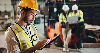 Buy stock photo Tablet, building or man in carpentry workshop for furniture manufacturing, renovation or labor. Mentor, apprentice or carpenter with technology for production, remodeling maintenance and research