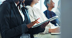 Meeting, tablet and hands of business person in office for online notes, research and planning. Professional, corporate and workers on digital tech for website, networking and strategy in discussion
