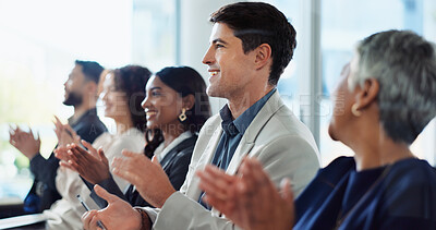 Buy stock photo Happy, business people and meeting with applause for presentation, thank you or well done at office. Group, employees or team clapping with smile for good job, speech or congratulations at workplace