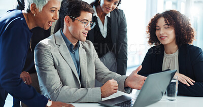 Buy stock photo Laptop, business people and group conversation in office, planning and surprise for financial profit. Team manager, computer and discussion for investment with results, revenue and budget in meeting