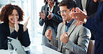 Laptop, business people and group celebrate with applause for achievement, milestone and financial profit. Team, computer and clapping for success, cheers and well done for investment goal in office